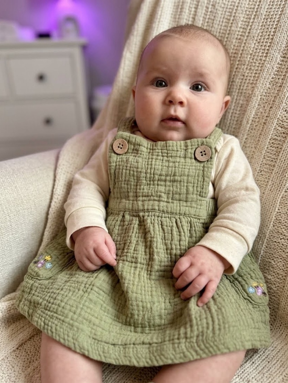 Rabbit + Bear Organic Cotton Muslin Pinafore Overall Dress - Olive Green - 0-3M